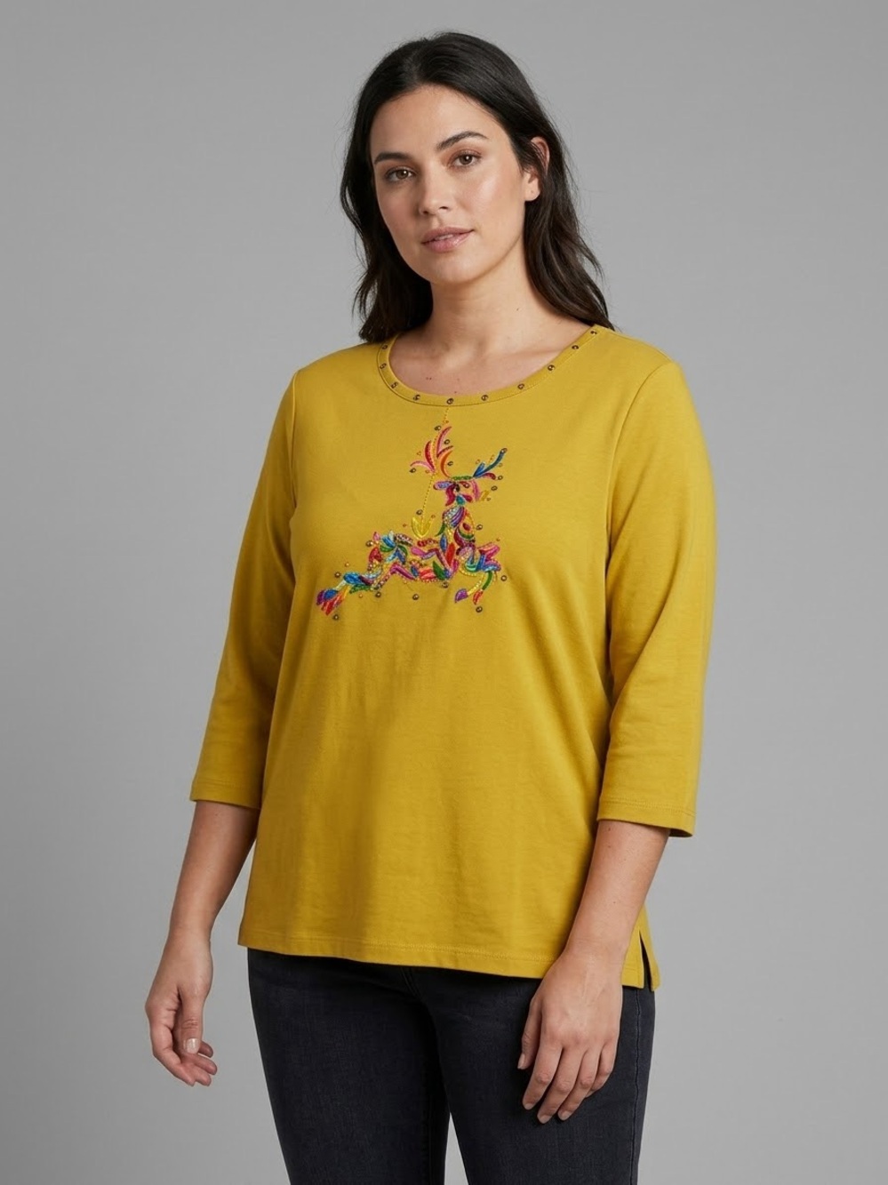 Quacker Factory 2X Mustard Yellow Embroidered Beaded Reindeer Top 3/4 Sleeve